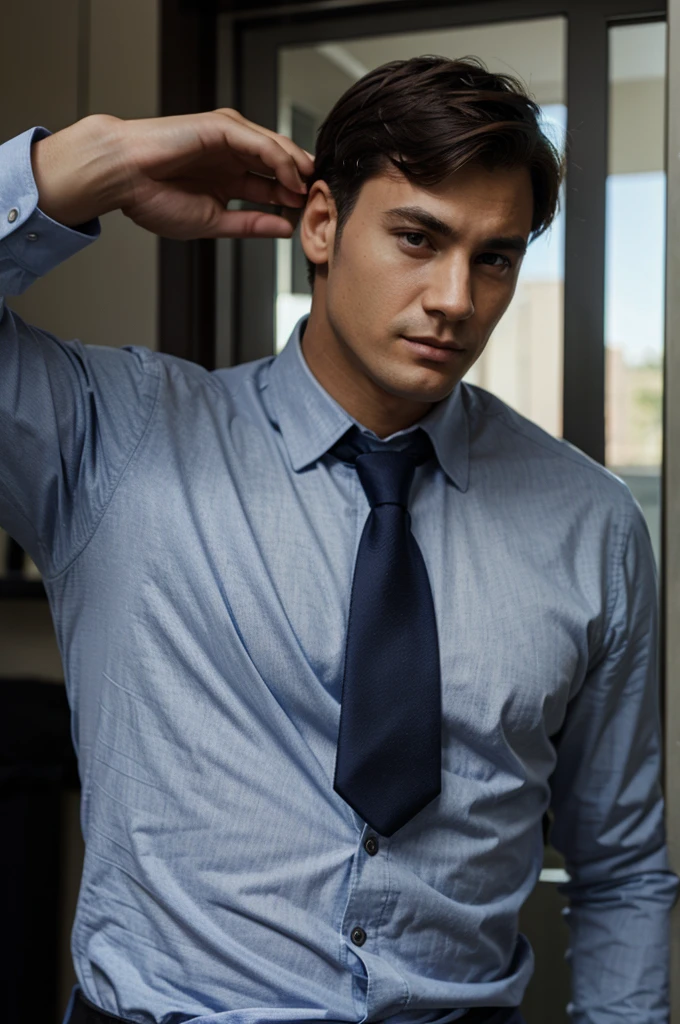 a gentle man smoothed his tie