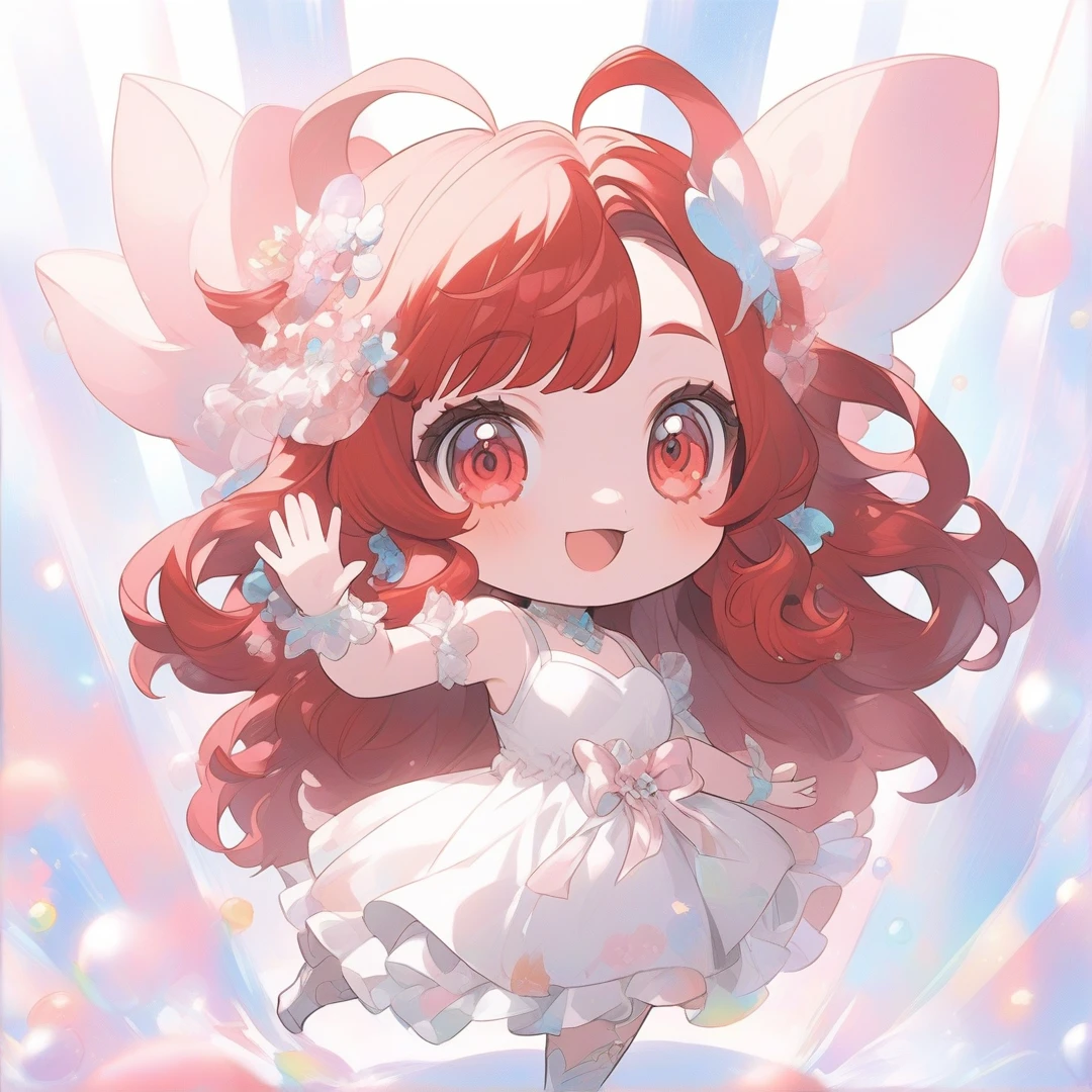 anime girl with long red hair and white dress waving, chibi anime, cute character, dancing character, anime style character, inspired by Matsumura Goshun, inspired by Takehisa Yumeji, playful pose cute of a dancer,, anime character, stylized anime, pastel anime, anime girl, mihoyo art style