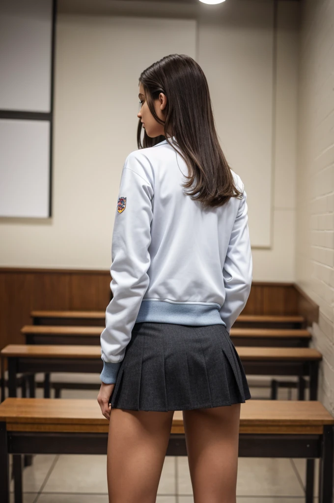 girl of 18 years old, brunette, standing on feet, fit body, tight school jacket, ultra realistic beauty, VIEW FROM back, vivid colors intense, ultra detailed finishes, photo editorial style, high fashion, apply editorial environment, masterpiece, highest quality, high definition, luz cenital dramática, sexy toned body. Sus nalgas son medianos y hermosos. Cosplay, Private school outfit, figura realista de pie, American Sweetheart, school costume, full body, medium upper body shot, hyperrealistic, dark background, perfect face, perfect girl, cute face hottie, beautiful girl, rembrandt style light, very tiny school miniskirt, naughty
