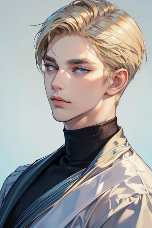masterpiece, best quality, 1man, mature male, quiet and charming young man, 25 year old, closed mouth, portrait, extremely detailed face, closed mouth, lips nude ((blue carolina eyes)), ((short-blonde hair)), [thick eyebrows], handsome, half body, with black Turtleneck shirt, look at camera, 