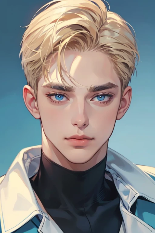 masterpiece, best quality, 1man, mature male, quiet and charming young man, 25 year old, closed mouth, portrait, extremely detailed face, closed mouth, lips nude ((blue carolina eyes)), ((short-blonde hair)), [thick eyebrows], handsome, half body, with black Turtleneck shirt, look at camera, 