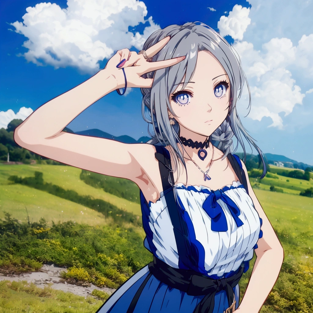 Golden Eyes、Anime girl with gray hair and a blue dress posing in a field, Realistic Anime 3D Style, Realistic young anime girl, Cute 3D anime girl render, Anime Style3D, , April Rendering, Photorealistic Animation girl render, Realistic anime art style, Smooth anime CG art, Anime Style, Live2D Virtual Youtuber Model, Photorealistic Animation