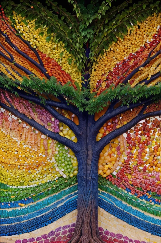 Paradise fruits and vegetables grow on beautiful trees and create a desire to reach out and taste from the trees come rivers of colorful and beautiful colors that look like natural and real rivers of juice. All the fruits are made as if from a painting by combining millions of small stones in suitable colors that together form the fruits and the trees. The rivers do make a real impression.