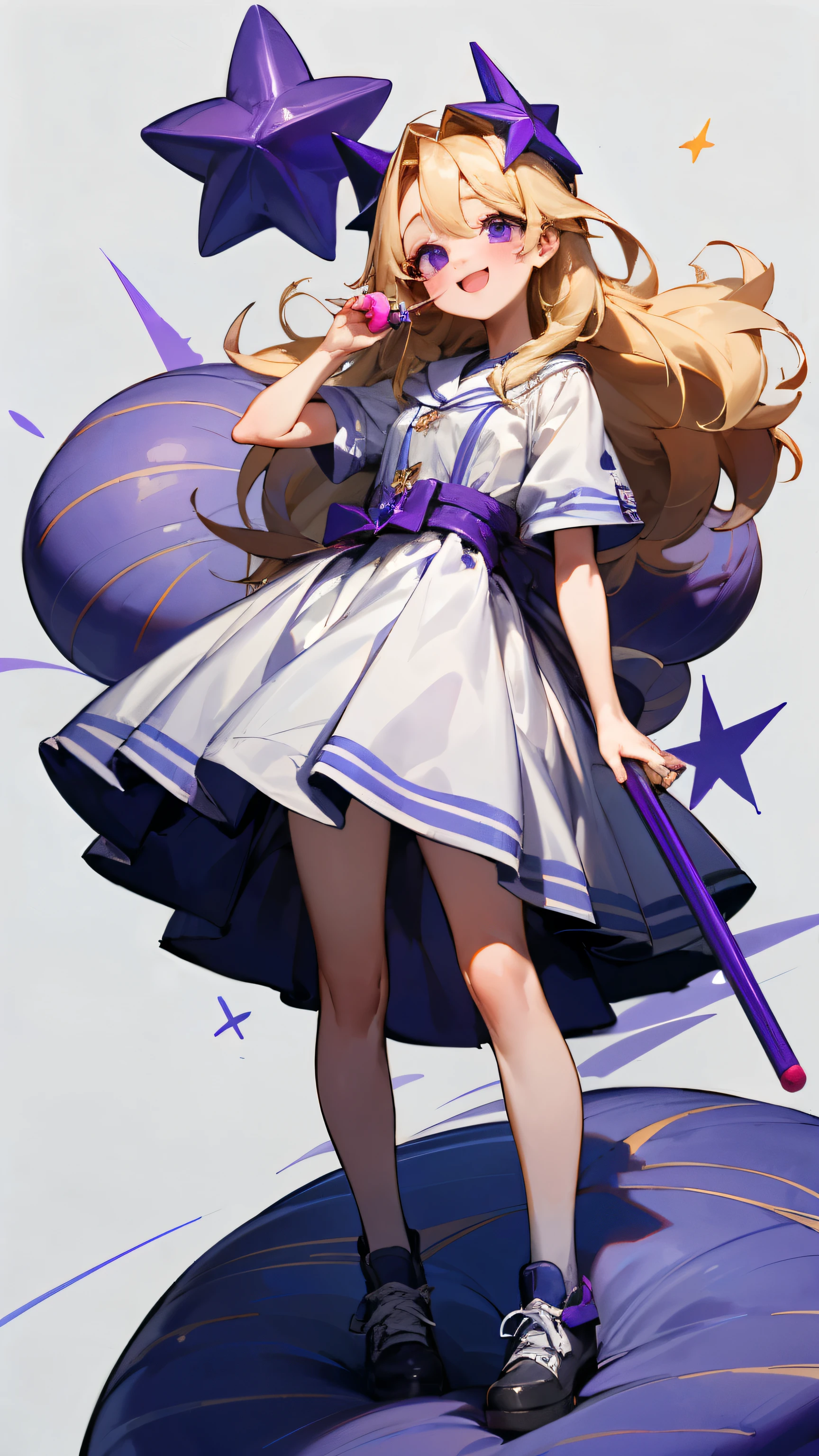 ((최고의 품질)), ((걸작)), (상세한), 9 girl with long blonde hair and purple eyes with a purple lollipop and a pastel purple and white dress with black buckled shoes smiling and standing onna purple star