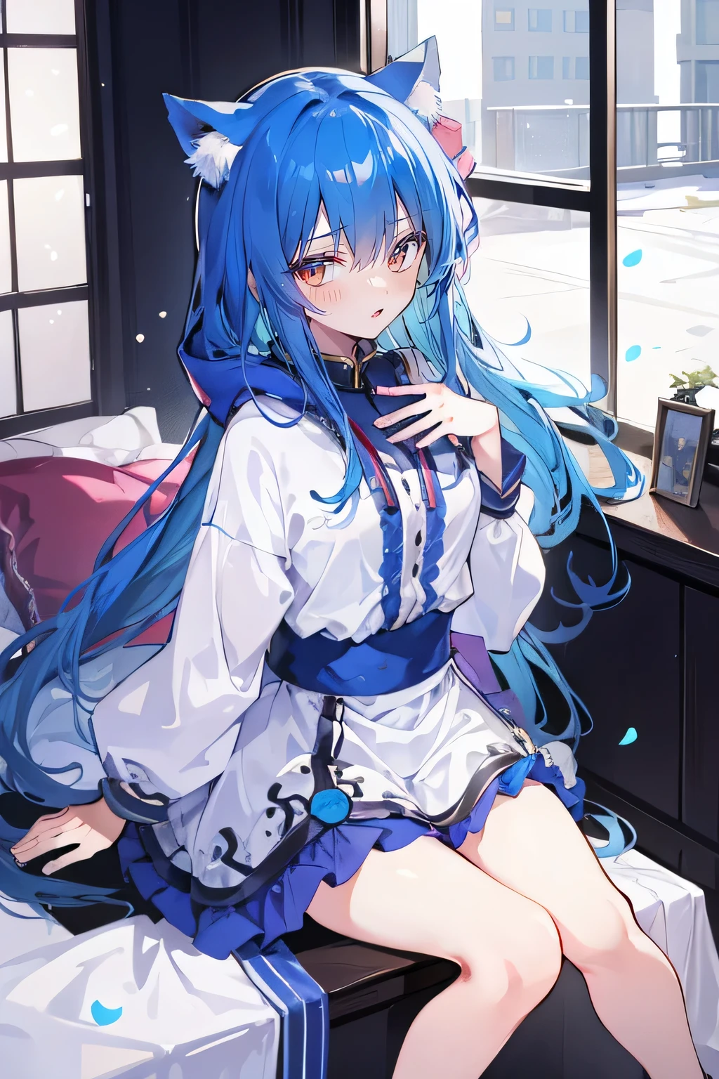 (masterpiece:1.2),Super detailed,lifelike,Expressive eyes,fair skin,perfect face shape,1 girl,
Japanese comics,Gorgeous blue hair,flowing blue hair,flowing clothes,Cat ears,Petals fall,beautiful lola,Baby Angel,
Shaking head with one hand,Cross your legs,Gentle and peaceful background,The pavilion is cool and comfortable,smile, wearing hoodie, In front of the window,snowing