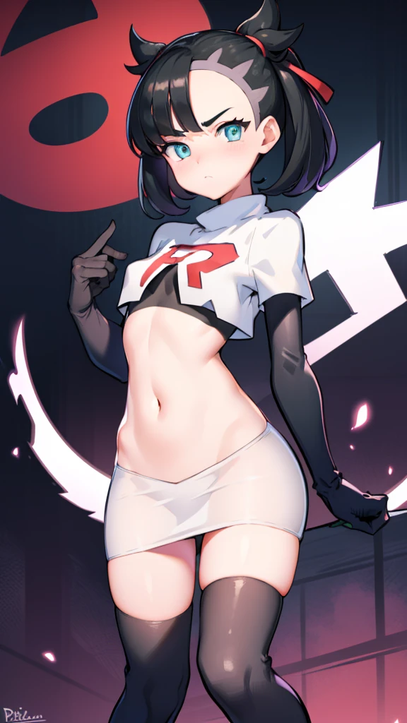 pokemon marnie, pokemon marnie, Green eyes, black fur, short hair, of collections, (small breasts:1.2),
Team Rocket,Team Rocket uniform, red letter R, White skirt,White crop top,black thigh high stockings,black elbow length gloves BREAK looking at viewer,(hd clothing)
BREAK (Masterpiece:1.2), Best Quality, high resolution, unity wallpaper 8k, (illustration:0.8), (Beautiful detailed eyes:1.6), extremely detailed face, perfect lighting, Extremely detailed CG, (perfect hands, perfect anatomy),(a Pokeball in his hand)( black panty)( blushing and embarrassed with shame)