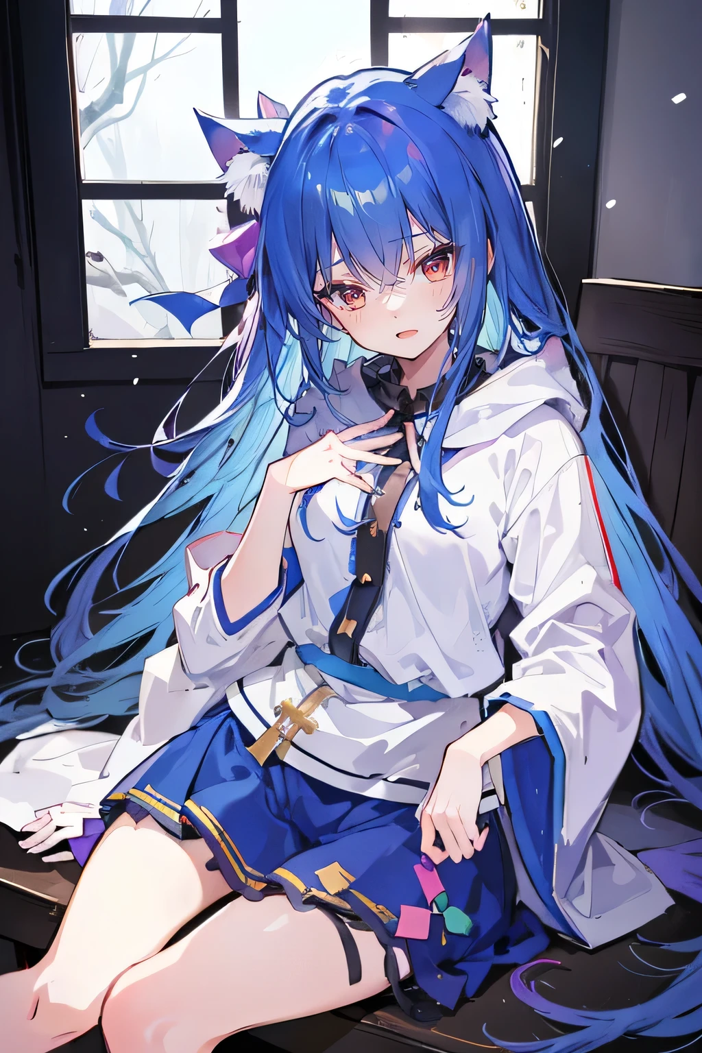 （masterpiece：1.2），Super detailed，lifelike，Expressive eyes，fair skin，perfect face shape，1 girl，
Japanese comics,Gorgeous blue hair,flowing blue hair,flowing clothes,Cat ears,Petals fall,beautiful lola,Baby Angel,
Shaking head with one hand，Cross your legs，Gentle and peaceful background，The pavilion is cool and comfortable,smile, wearing hoodie, In front of the window,snowing