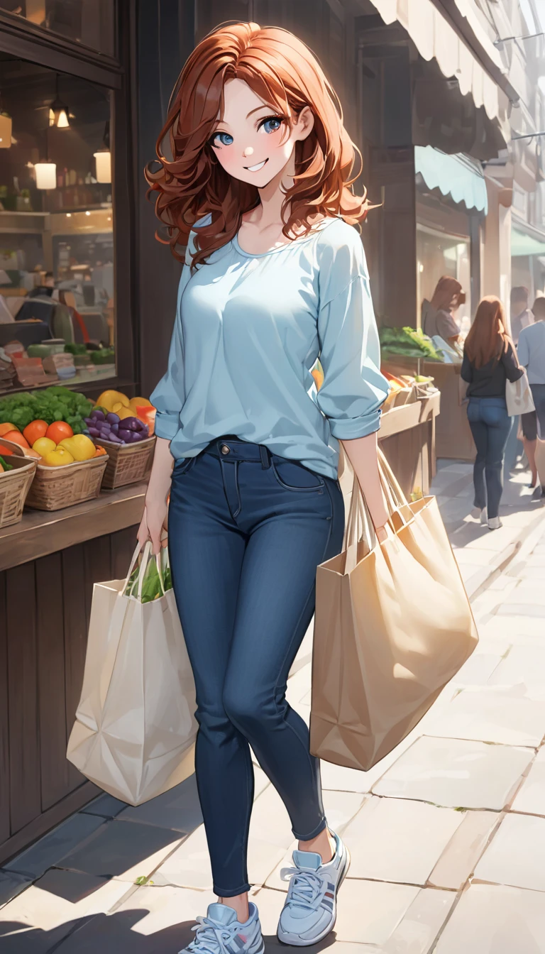 Sarah is in her mid-thirties, standing about 5'6" tall with an athletic build. She has shoulder-length auburn hair and expressive hazel eyes with long lashes. Her fair skin has a natural glow. She wears a light blue blouse, dark jeans, and comfortable sneakers. Despite carrying heavy market bags, she exudes warmth and compassion, with a genuine, infectious smile that creates an immediate sense of trust and friendliness. Her demeanor is approachable, reflecting her kind and helpful nature.