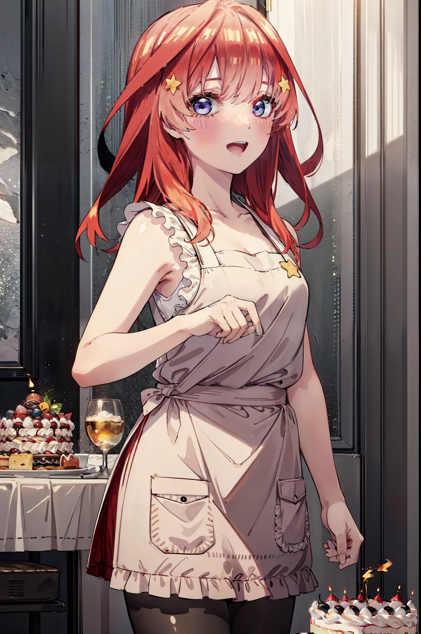 itsukinakano, Itsuki Nakano, bangs, blue eyes, Hair between the eyes, Ahoge, Redhead, star \(symbol\), hair ornaments,happy smile, smile, Open your mouth,cracker, star hair ornaments,Red Tank Top,Long skirt,Black pantyhose,apron,Walking,There is food and a birthday cake on the table,
break indoors, room,
break looking at viewer,Upper Body,
break (masterpiece:1.2), Highest quality, High resolution, unity 8k wallpaper, (figure:0.8), (Beautiful attention to detail:1.6), Highly detailed face, Perfect lighting, Highly detailed CG, (Perfect hands, Perfect ???????),