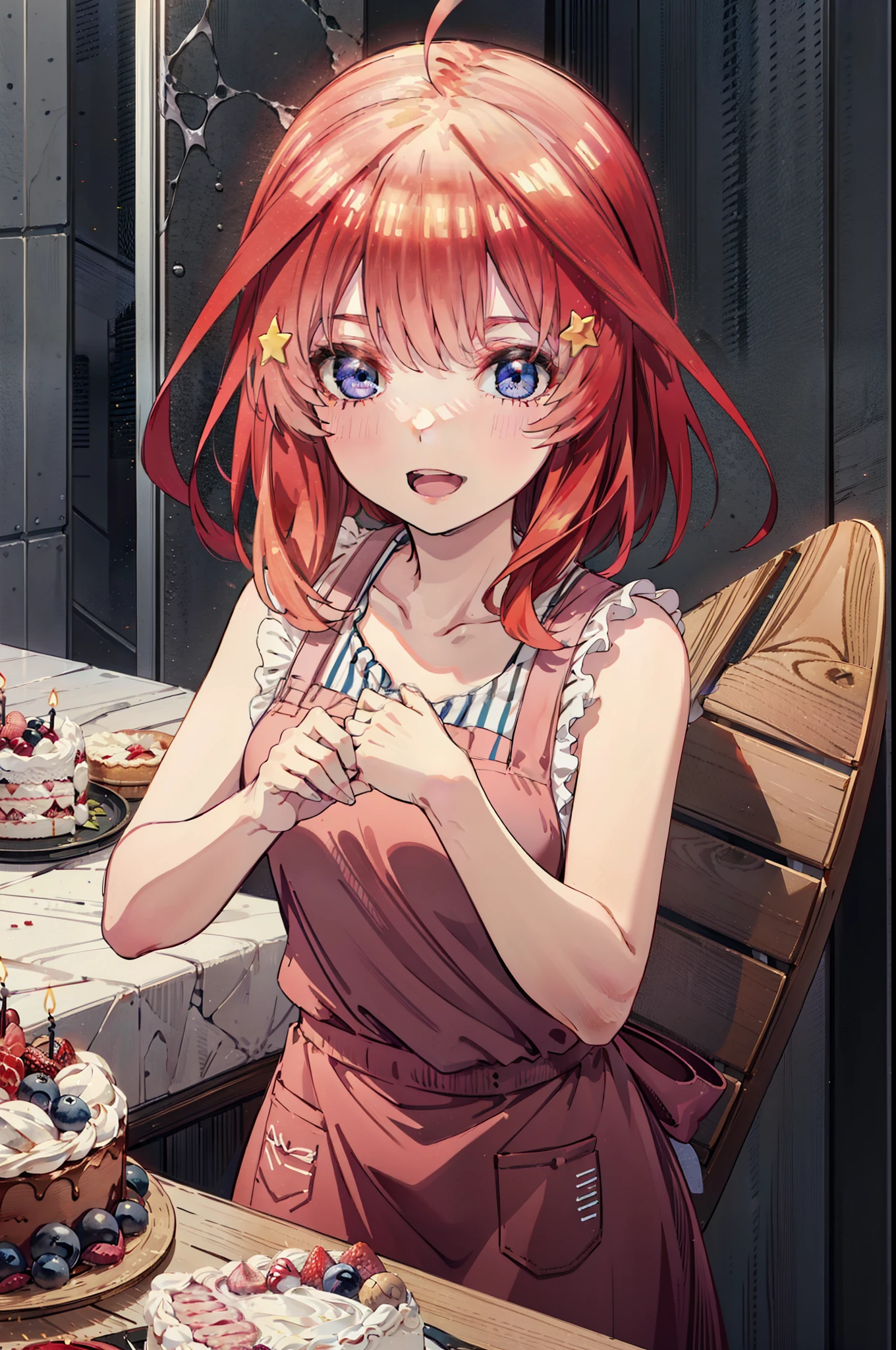 itsukinakano, Itsuki Nakano, bangs, blue eyes, Hair between the eyes, Ahoge, Redhead, star \(symbol\), hair ornaments,happy smile, smile, Open your mouth,cracker, star hair ornaments,Red Tank Top,Long skirt,Black pantyhose,apron,Walking,There is food and a birthday cake on the table,
break indoors, room,
break looking at viewer,Upper Body,
break (masterpiece:1.2), Highest quality, High resolution, unity 8k wallpaper, (figure:0.8), (Beautiful attention to detail:1.6), Highly detailed face, Perfect lighting, Highly detailed CG, (Perfect hands, Perfect Anatomy),