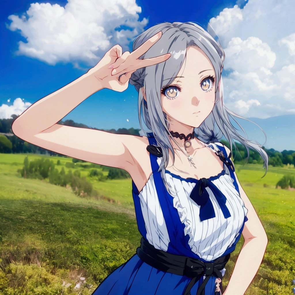 Golden Eyes、Anime girl with gray hair and a blue dress posing in a field, Realistic Anime 3D Style, Realistic young anime girl, Cute 3D anime girl render, Anime Style3D, , April Rendering, Photorealistic Animation girl render, Realistic anime art style, Smooth anime CG art, Anime Style, Live2D Virtual Youtuber Model, Photorealistic Animation