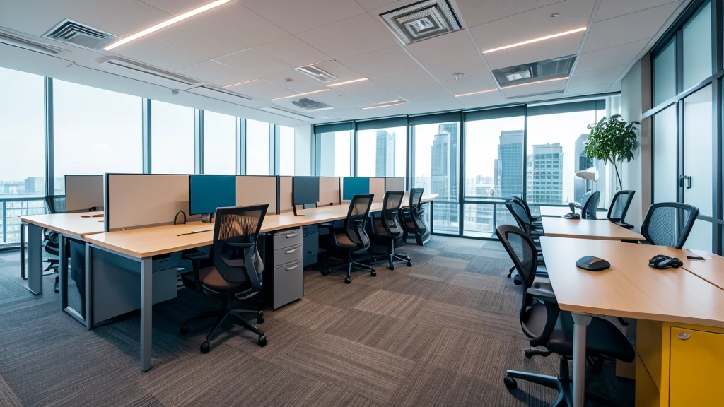 Capture a contemporary office space with a diverse group of professionals engaged in focused work at their desks.