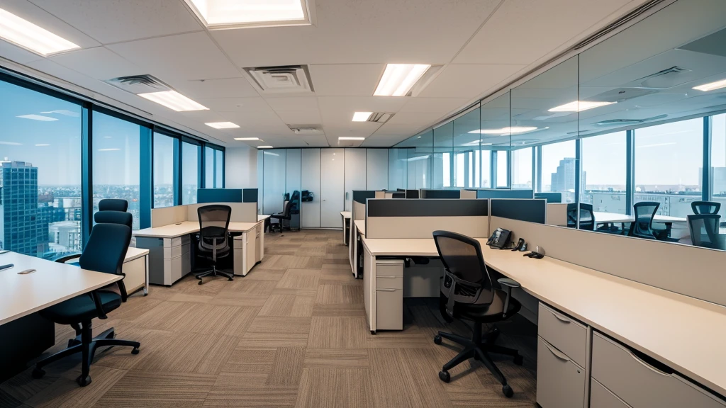 Capture a contemporary office space with a diverse group of professionals engaged in focused work at their desks.