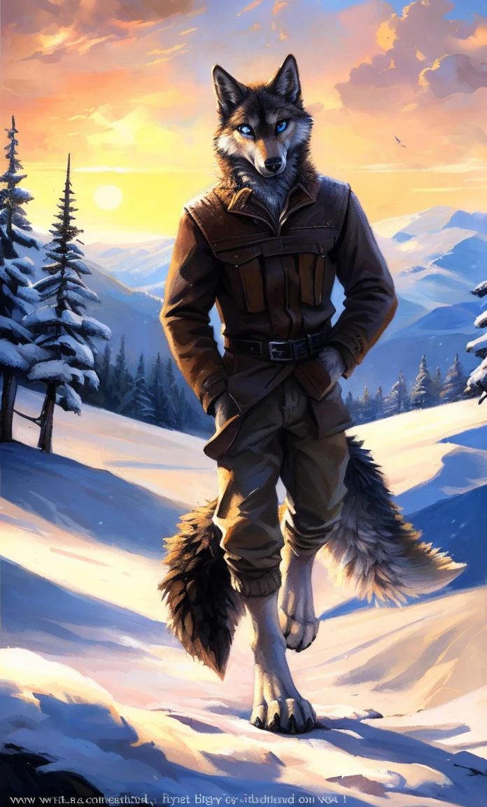 ((Solo)), male people, anthro wolf, (Multi-colored fur, White-brown:1.3，White tail pointed), (Height 2.1m,Tail length 1.2m), ((Wolf face, Big eyes, White eyelids, Blue pupil, Slim:1.2) (Tough, Calm expression:1.2)), Slim, pinging)), (Correct anatomy), (Winter clothing:1.1), The upper body  naked, (detailed outfits),A long big tail，Feet，(Realistic fur, Detailed fur texture, labeled:1.3)), (Natural lighting), Photorealistic, Hyperrealistic, ultradetailed, by Kenket，Snowfield，erect through，Running on