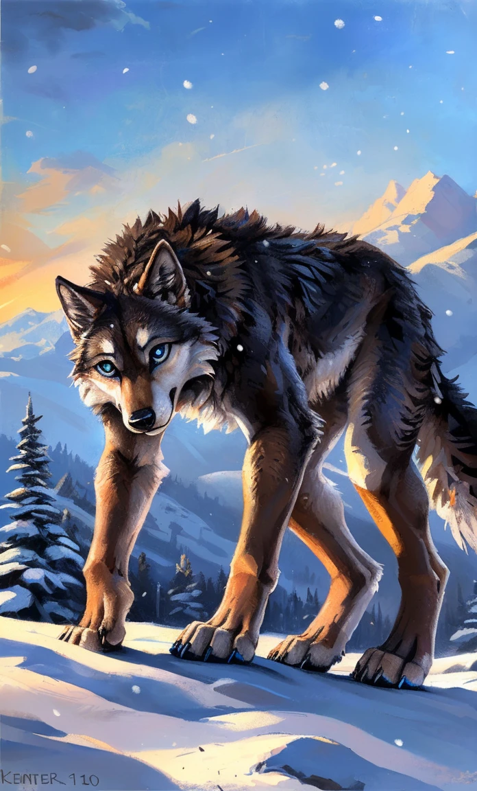 ((Solo)), male people, anthro wolf, (Multi-colored fur, White-brown:1.3，White tail pointed), (Height 2.1m,Tail length 1.2m), ((Wolf face, Big eyes, White eyelids, Blue pupil, Slim:1.2) (Tough, Calm expression:1.2)), Slim, pinging)), (Correct anatomy), (Winter clothing:1.1), The upper body  naked, (detailed outfits),A long big tail，Feet，(Realistic fur, Detailed fur texture, labeled:1.3)), (Natural lighting), Photorealistic, Hyperrealistic, ultradetailed, by Kenket，Snowfield，erect through，Running on