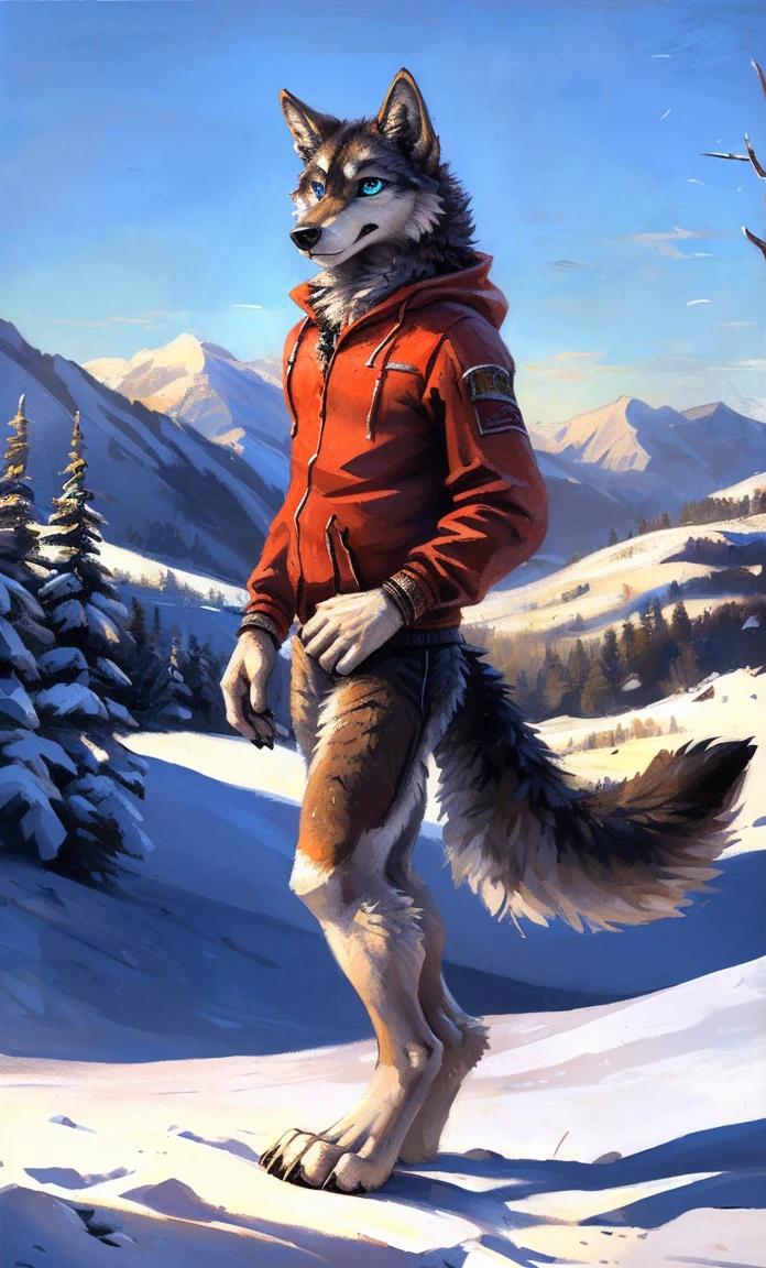 ((Solo)), male people, anthro wolf, (Multi-colored fur, White-brown:1.3,White tail pointed), (Height 2.1m,Tail length 1.2m), ((Wolf face, Big eyes, White eyelids, Blue pupil, Slim:1.2) (Tough, Calm expression:1.2)), Slim, pinging)), (Correct anatomy), (Winter clothing:1.1), The upper body naked, (detailed outfits),A long big tail,Feet,(Realistic fur, Detailed fur texture, labeled:1.3)), (Natural lighting), Photorealistic, Hyperrealistic, ultradetailed, by Kenket,Snowfield,erect through,Running on