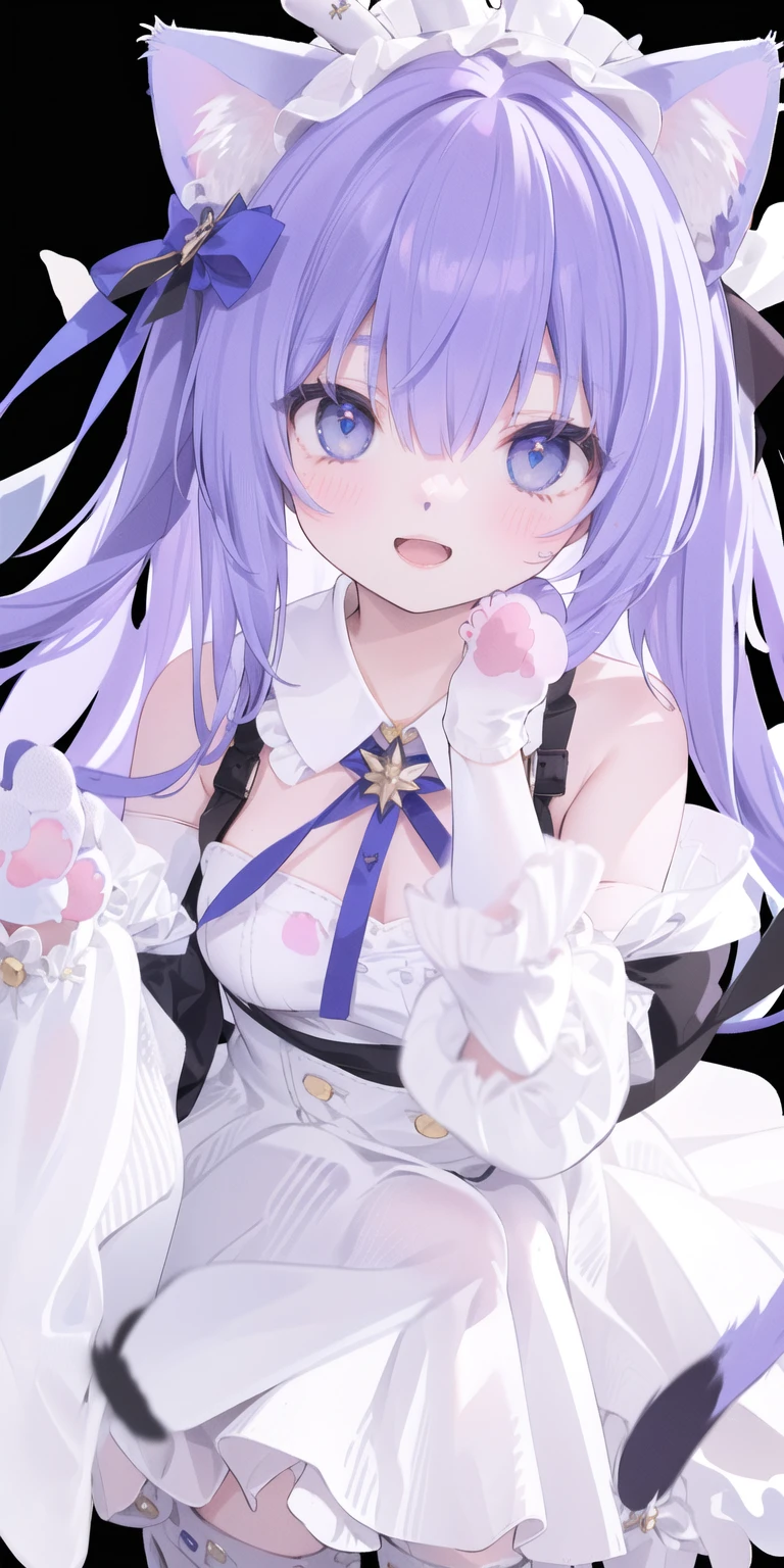 charming ,Long hair,Purple Hair,Close one eye,Smile,open mouth,Logo,Big blue eyes,White Lolita,Pleated Skirt,Cat ears,Cat'Tail,Hair accessories,(Cat's paw gloves:2.0),(White boots:2.0),Leg ring,(whole body:1.7),stage,Sing,dance,(Paw pose:1.3)