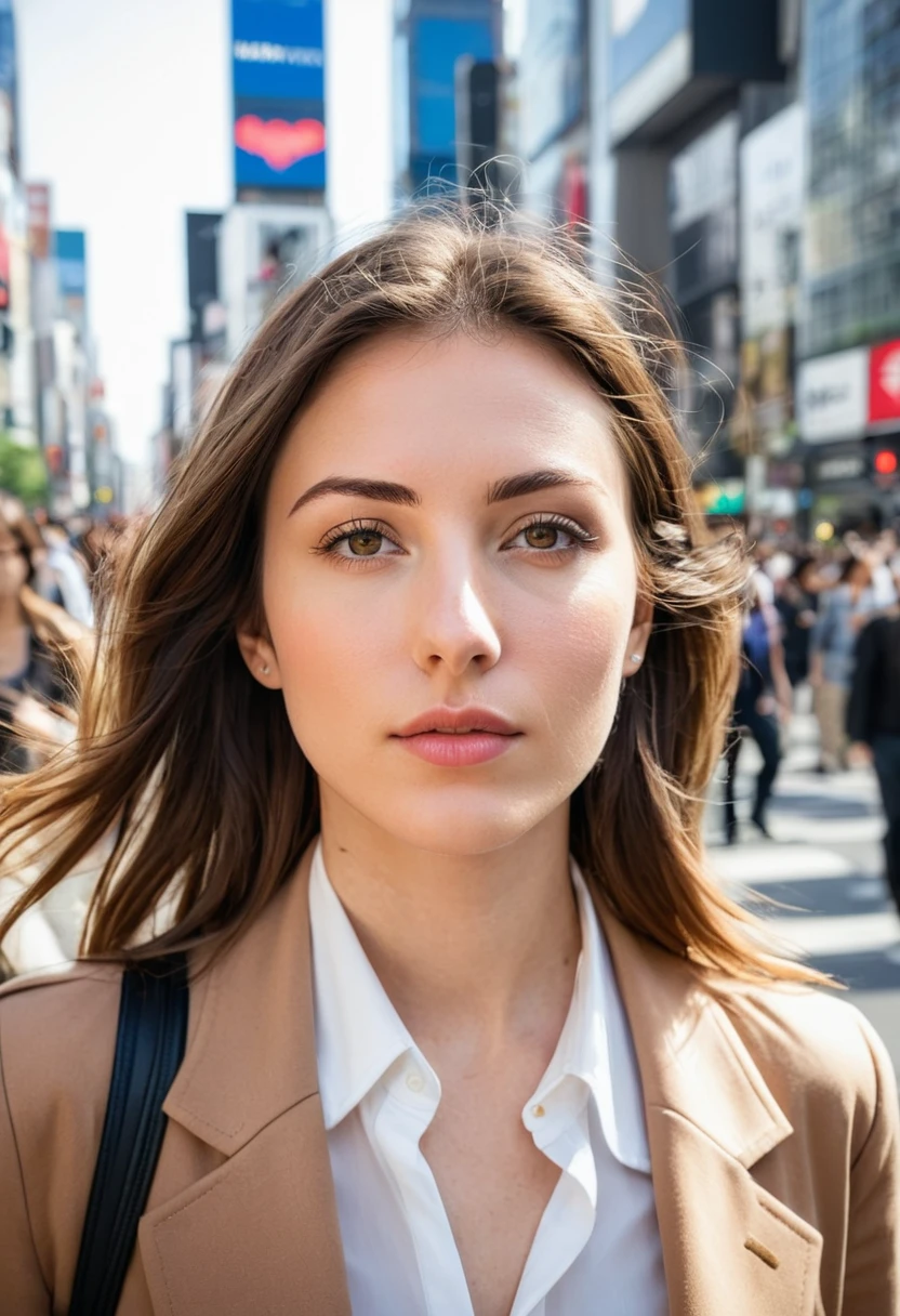 beautiful brunette, shoulder length wavy brown hair, ((natural eyebrows with some flyaways)), (((dynamic pose, walking confidently, look ahead))). from front view (((on a busy Tokyo street, Shibuya Crossing))). highy detailed, 20 year, ((eyes browns)). (((Nose with straight back, slightly rounded tip, harmonious proportion with the face, symmetrical and refined nostrils))). ((Medium, well-defined lips, soft cupid's bow, natural redness around the edges, smooth texture with visible hydration)). high resolution, work of art. Pele realista Fitzpatrick IV, texture of "Orange peel" subtle on the cheeks, discrete nevus of Ota. ((Wearing an elegant trench coat over a silk blouse)). excellent quality, extremely detaild, sharp focus, 4K, ((tyro Fujifilm X-T4, 23mm f/1.4)), Classic Chrome color vision. natural body, photoshot_(ultra), photoshotrrealismo, 8k hd, photoshotgrafia (film grain) medium shot for filming (((urban night lighting with colorful neons reflecting on the skin))) Em primeiro plano