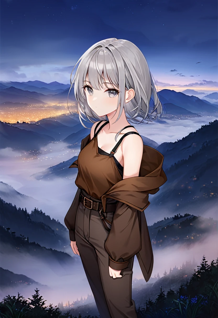 1 girl, small stature, long grey hair, grey eyes, hood, brown cloak, belt, short pants, katana holstered, katana on strap, katana, sheathed, shoulder strap, solo, closed mouth, calm face, evening, against the backdrop of high mountains with fog, top view, looking at viewer