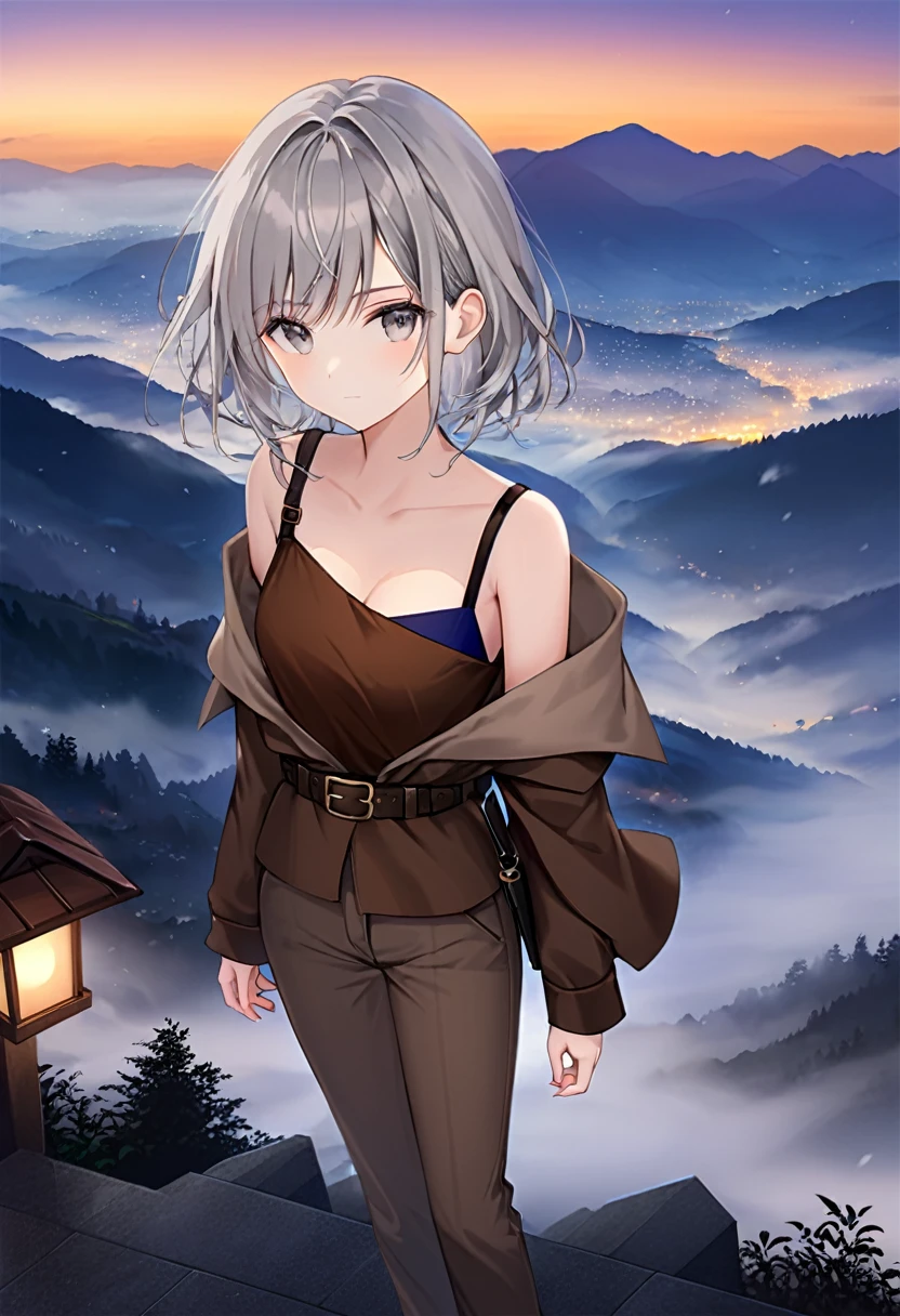 1 girl, small stature, long grey hair, grey eyes, hood, brown cloak, belt, short pants, katana holstered, katana on strap, katana, sheathed, shoulder strap, solo, closed mouth, calm face, evening, against the backdrop of high mountains with fog, top view, looking at viewer