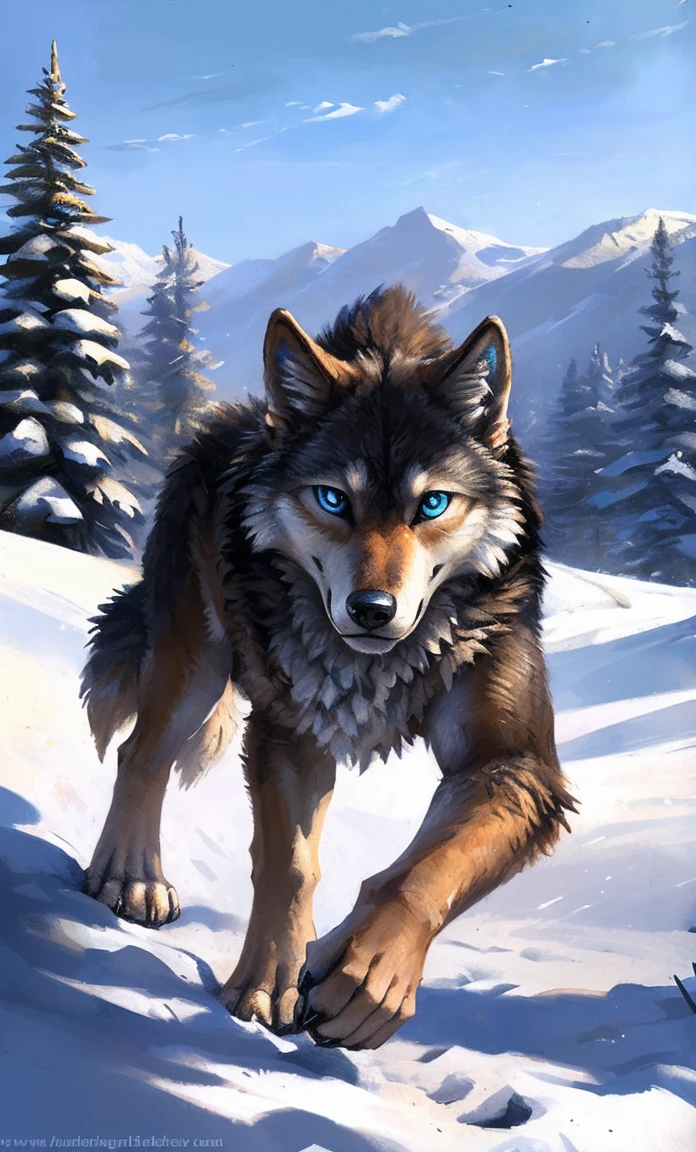 ((Solo)), male people, anthro wolf, (Multi-colored fur, White-brown:1.3，White tail pointed), (Height 2.1m,Tail length 1.5m), ((Wolf face, Big eyes, White eyelids, Blue pupil, Slim:1.2) (Tough, Calm expression:1.2)), Abs, Slim, pinging)), (Correct anatomy), Naked all over the body,A long big tail，Feet，(Realistic fur, Detailed fur texture, labeled:1.3)), (Natural lighting), Photorealistic, Hyperrealistic, ultradetailed, by Kenket，Snowfield，No artifacts, Running on