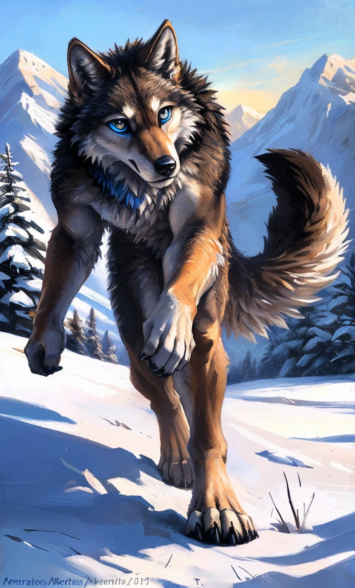 ((Solo)), male people, anthro wolf, (Multi-colored fur, White-brown:1.3，White tail pointed), (Height 2.1m,Tail length 1.5m), ((Wolf face, Big eyes, White eyelids, Blue pupil, Slim:1.2) (Tough, Calm expression:1.2)), Abs, Slim, pinging)), (Correct anatomy), Naked all over the body,A long big tail，Feet，(Realistic fur, Detailed fur texture, labeled:1.3)), (Natural lighting), Photorealistic, Hyperrealistic, ultradetailed, by Kenket，Snowfield，No artifacts, Running on