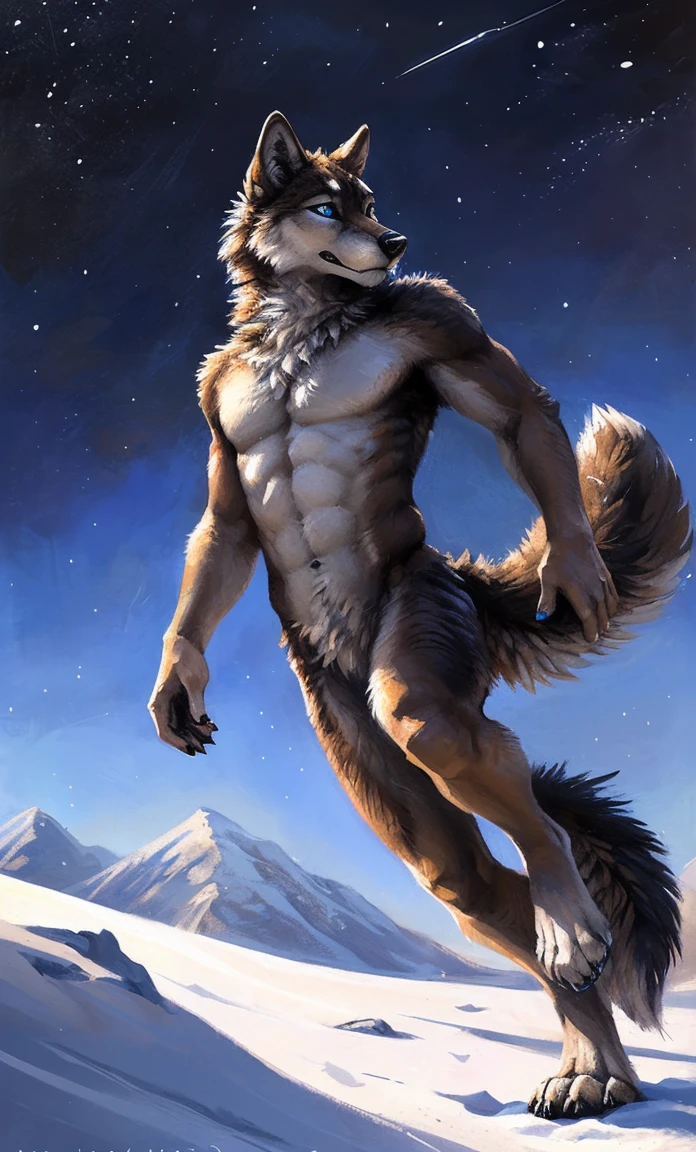 ((Solo)), male people, anthro wolf, (Multi-colored fur, White-brown:1.3，White tail pointed), (Height 2.1m,Tail length 1.5m), ((Wolf face, Big eyes, White eyelids, Blue pupil, Slim:1.2) (Tough, Calm expression:1.2)), Abs, Slim, pinging)), (Correct anatomy), Naked all over the body,A long big tail，Feet，(Realistic fur, Detailed fur texture, labeled:1.3)), (Natural lighting), Photorealistic, Hyperrealistic, ultradetailed, by Kenket，Snowfield，No artifacts, Running on