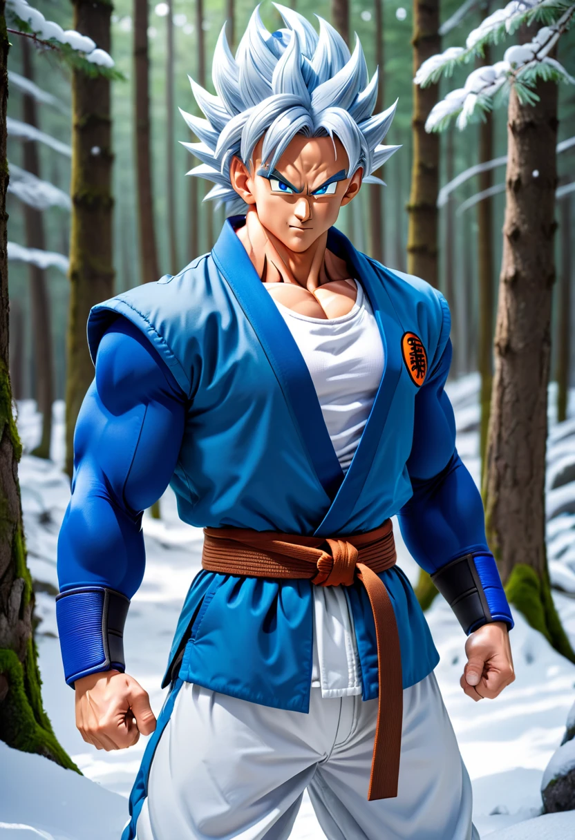 1 man, matured, slim but muscular, handsome, tall, Saiyan like hair, silver blue ombre hair, Saiyan hairstyle, blue eyes, blue jacket, white t-shirt, white martial art pants, blue belt, snowy forest, looking at viewer, relaxed grin, 8k, masterpiece, ray tracing, Dragon Ball Z style, (SuperQuality:1.0) ~ (SuperQuality:1.2), (negative_v2 Color_Balance_Calibration:0.8)