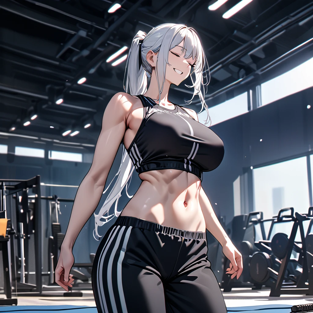 A woman wearing a short, sleeveless black shirt, exposed abdomen, muscular abdomen, closed eyes, muscular arm, black adidas gym pants, white hair, ponytail hair, on a gym mat, standing upright, large breasts, smiling, background gym equipment., closve view,,(solo woman) ,UHD , prime work , accurate , anatomically correct , textured skin , super details , high quality , best quality, 8k, high resolution, bokeh effect.
