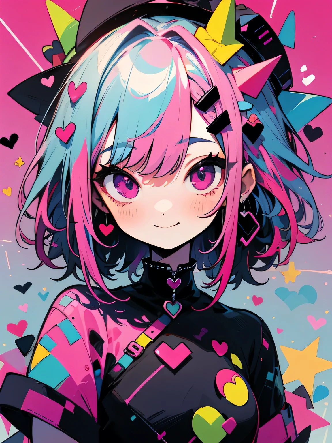 (chibi),beautiful, High resolution, masterpiece, high quality, Very detailed, shape:1.5) One girl,alone,heart hair accessory,heart,heart eye,Multicolored Hair,spike,Pink Hair,dress,black 襟,Multicolored background,Pink Eyes,Purple eyes,bangs,Blue Hair,Medium Hair,smile