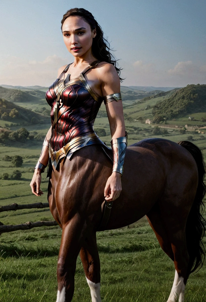 Gal Gadot a female centaur. fantasy setting. On a wide plain.