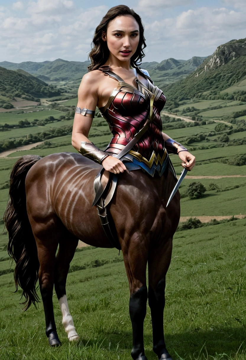 Gal Gadot centaur, beautiful work of art, best quality, 8K quality HD, countryside, hyper-realistic.