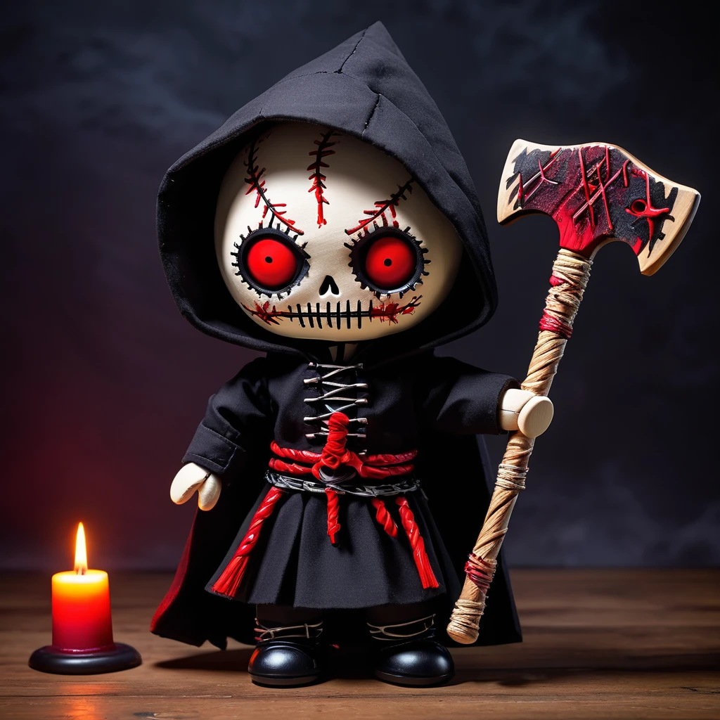 (knitted toy voodoo doll:1.5), (Voodoo Executioner:1.3), (Clothing: black hooded cloak with bloodstained patterns:1.0), (Accessories: enchanted executioner’s axe emitting a chilling glow, floating severed heads:1.1), (background: dark, ominous gallows with a blood-soaked chopping block, shadowy spectators, and an atmosphere of impending doom:1.2), best quality, masterpiece, detailed soft oil painting, detailed background, dramatic cinematic lighting, soft edge lighting, professional, dramatic lighting, hard edge lighting, ultra quality, 4k, masterpiece, best quality, 8k, ultra high definition, high resolution, extremely detailed