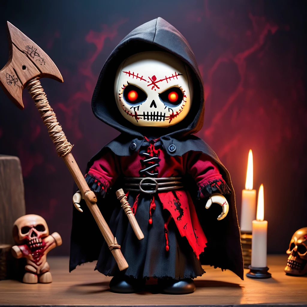 (knitted toy voodoo doll:1.5), (Voodoo Sinister Phantom Lord:1.3), (Clothing: tattered noble attire with dark runes:1.0), (Accessories: enchanted scepter emitting a ghostly glow, floating spectral knights:1.1), (background: dark, haunted castle with flickering torches, echoing footsteps, and an atmosphere of aristocratic terror:1.2), best quality, masterpiece, detailed soft oil painting, detailed background, dramatic cinematic lighting, soft edge lighting, professional, dramatic lighting, hard edge lighting, ultra quality, 4k, masterpiece, best quality, 8k, ultra high definition, high resolution, extremely detailed