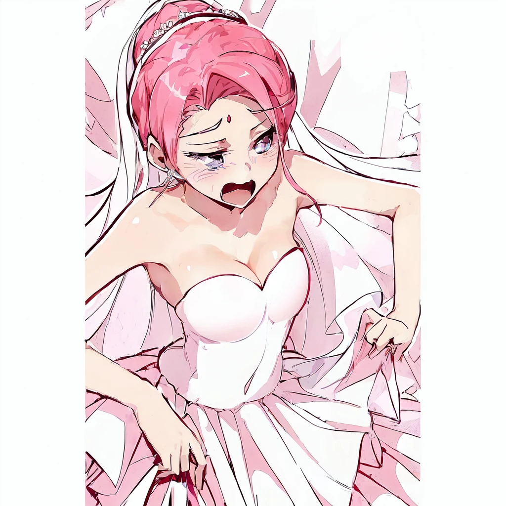 anime girl in a wedding dress with a pink hair and a veil, Anime princess, in dress, Sakura Haruno in slug sage mode, sakura haruno, haruno sakura, evil princess, in an anime style, in anime style, betty cooper, official fanart, my dress up darling anime, delicate androgynous prince, official art, gainax anime style, sexy girl, surprise girl, rosy cheeks, sassy girl, serious face, boy with a mean face, sensual girl, big boobies, ((huge boobies)) beautiful breasts, detailedeyes, 8K eyes, wearing sexy dress, white lace dress, big boobies, sexy girl, sensual 12k