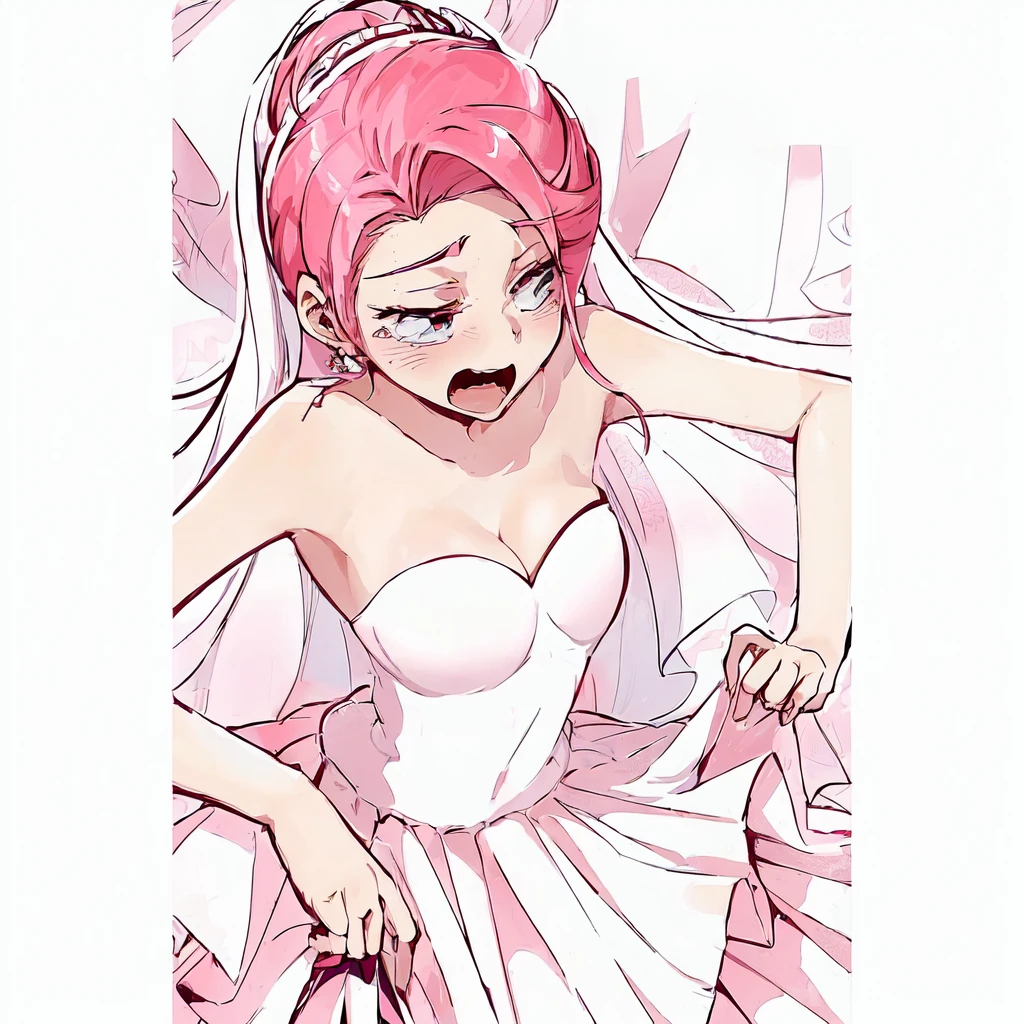 anime girl in a wedding dress with a pink hair and a veil, Anime princess, in dress, Sakura Haruno in slug sage mode, sakura haruno, haruno sakura, evil princess, in an anime style, in anime style, betty cooper, official fanart, my dress up darling anime, delicate androgynous prince, official art, gainax anime style, sexy girl, surprise girl, rosy cheeks, sassy girl, serious face, boy with a mean face, sensual girl, big boobies, ((huge boobies)) beautiful breasts, detailedeyes, 8K eyes, wearing sexy dress, white lace dress, big boobies, sexy girl, sensual 12k