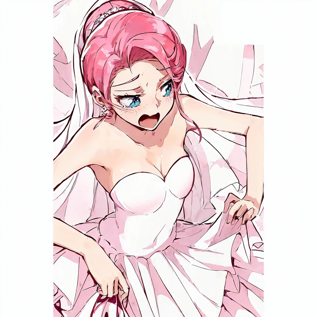 anime girl in a wedding dress with a pink hair and a veil, Anime princess, in dress, Sakura Haruno in slug sage mode, sakura haruno, haruno sakura, evil princess, in an anime style, in anime style, betty cooper, official fanart, my dress up darling anime, delicate androgynous prince, official art, gainax anime style, sexy girl, surprise girl, rosy cheeks, sassy girl, serious face, boy with a mean face, garota sensuous, big boobies, ((huge boobies)) beautiful breasts, detailedeyes, 8K eyes, wearing sexy dress, white lace dress, big boobies, sexy girl, sensuous