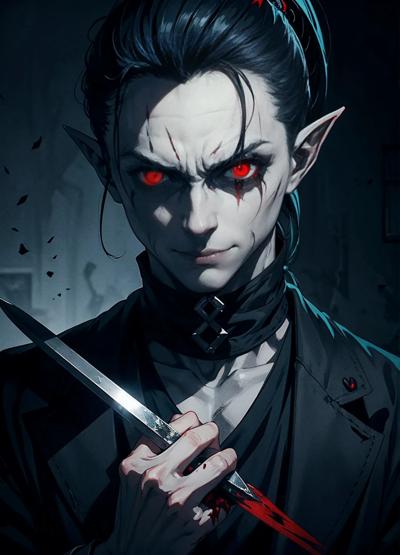 A menacing elf man with blooded scalpel in hand, his black and blue ponytail framing his red eyes and psychopathic smile. Mysterious and dark, this character is portrayed in a chilling manner. The image, perhaps a digital painting, captures the intensity of the man's gaze and the eerie aura around him. Every detail is expertly crafted, from the blood on the scalpel to the shadowed depths of his eyes. This high-quality image evokes a sense of intrigue and danger, drawing viewers in with its compelling depiction of a sinister figure.