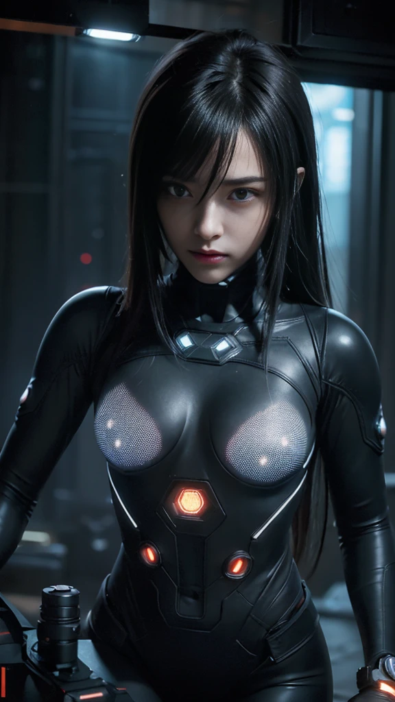 (Highest Quality:1.4),One girl,Alone,Split,Gantz Shimodaira Rei,Turtleneck,Pixelated background,Neon lights,Sci-Fi Warm plot,Vivid colors,Bright lights,Dynamic lights,Metallic texture,Detailed shading,Holographic interface,Dark atmosphere,High contrast,Sharp focus,Twigs of hair,Reflective surfaces,Elaborate details,High resolution,Dramatic lighting,Studio lighting,Red accents,Illuminated surroundings,Artificial intelligence assistant, (Small breasts:1.4),Nipples showing,(Firing big guns on matte black:1.3)