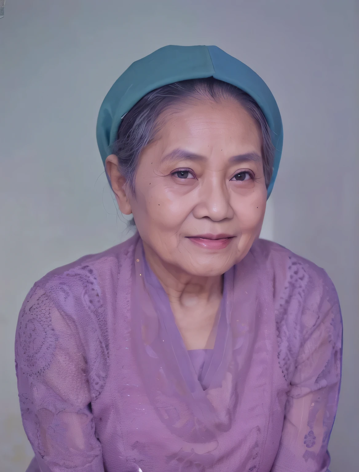 95-year-old Indonesian woman wearing a green head covering and patterned ancient Javanese kebaya traditional clothes, very good, clear, detailed, focused, realistic, 8k