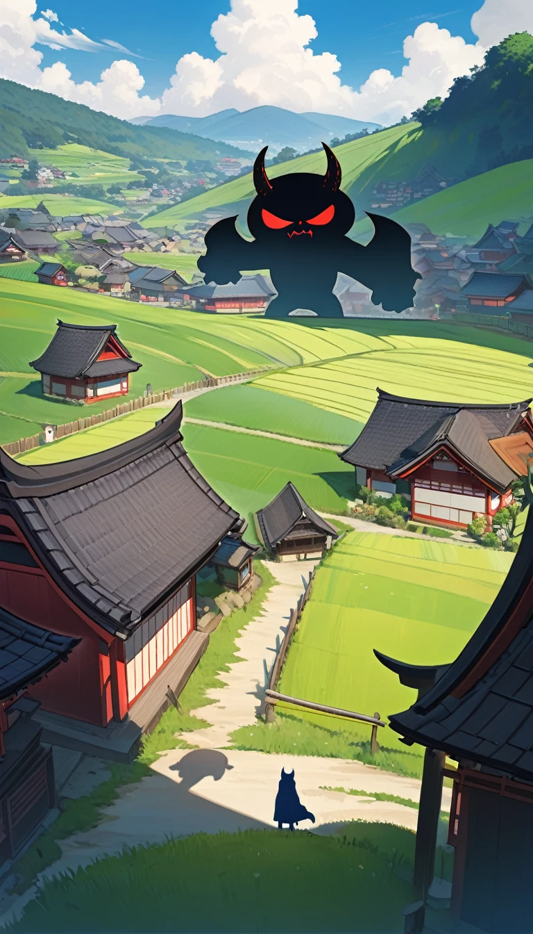 A tranquil village with traditional Japanese houses, lush green fields, and a clear blue sky. In the foreground, a white cat with blue eyes named Milk looks worried. In the background, a giant, menacing oni (Japanese demon) silhouette is approaching the village, casting a long shadow over it. The scene is vibrant and detailed, with warm, inviting colors for the village and dark, ominous tones for the oni.