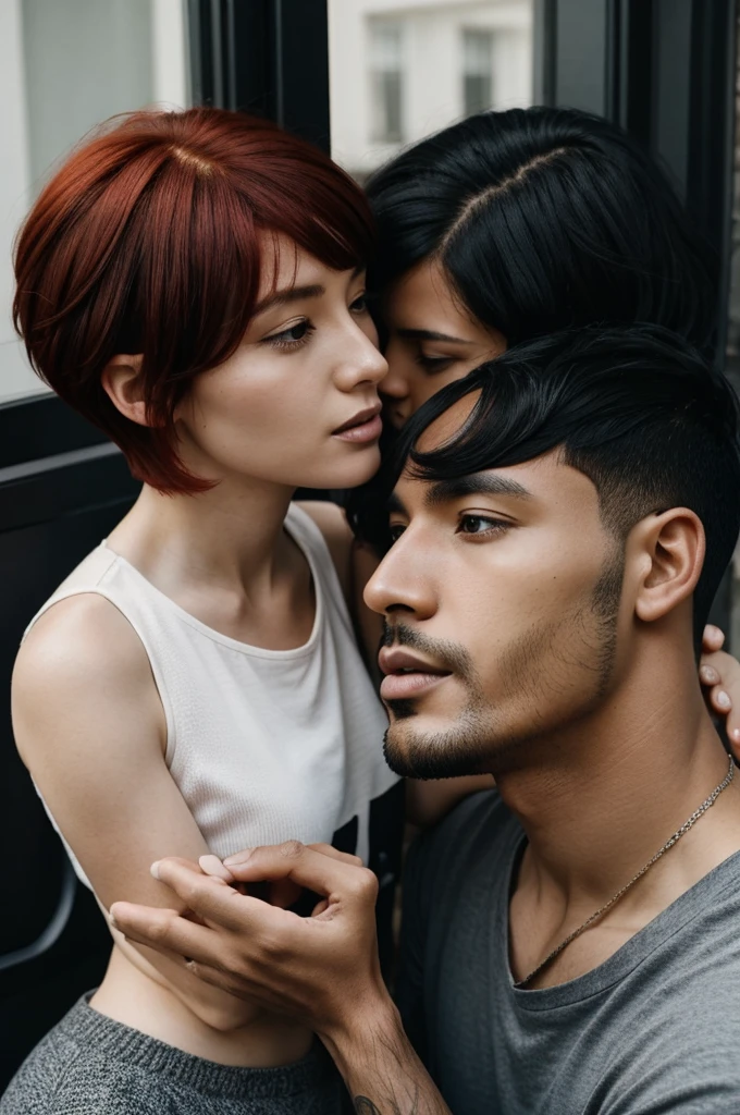 A short red haired woman with a black haired man with their foreheads together and a black aura