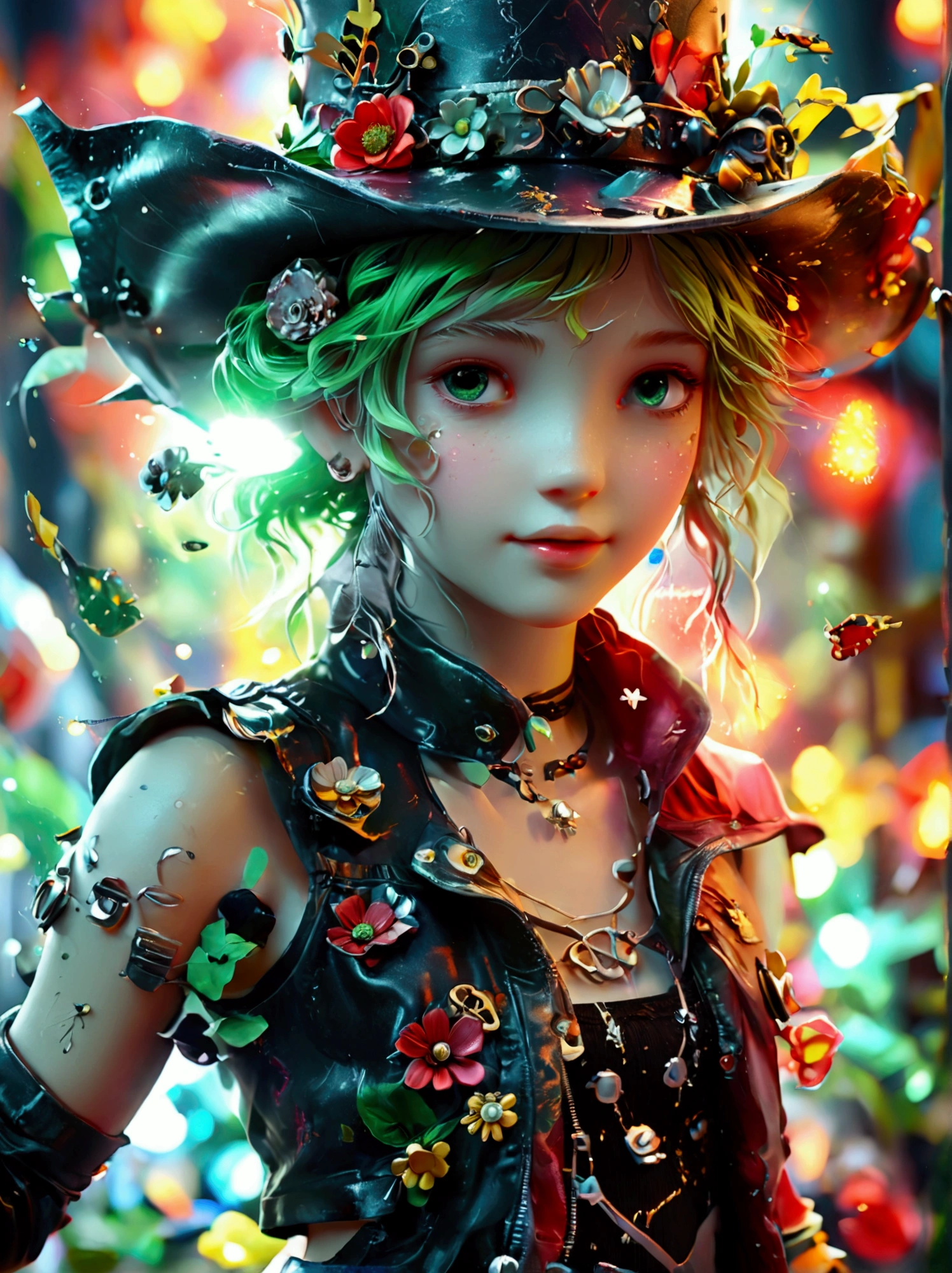 Poster design, flower elements, starry sky elements, grotesque, girl holding two hands and a hat, dark silver, light green, light red, full body, corporate punk, character detail design, plush doll art style, dazzling Color animation stills, color animation stills, GARAGE KIT, two - dimensional, 2d game art, cute and colorful, IP, blender, Unreal Engine, OC renderer, superb movie lighting,chiaroscuro, details, art awards,light color, 3d rendering, realistic design, best quality, by Faith