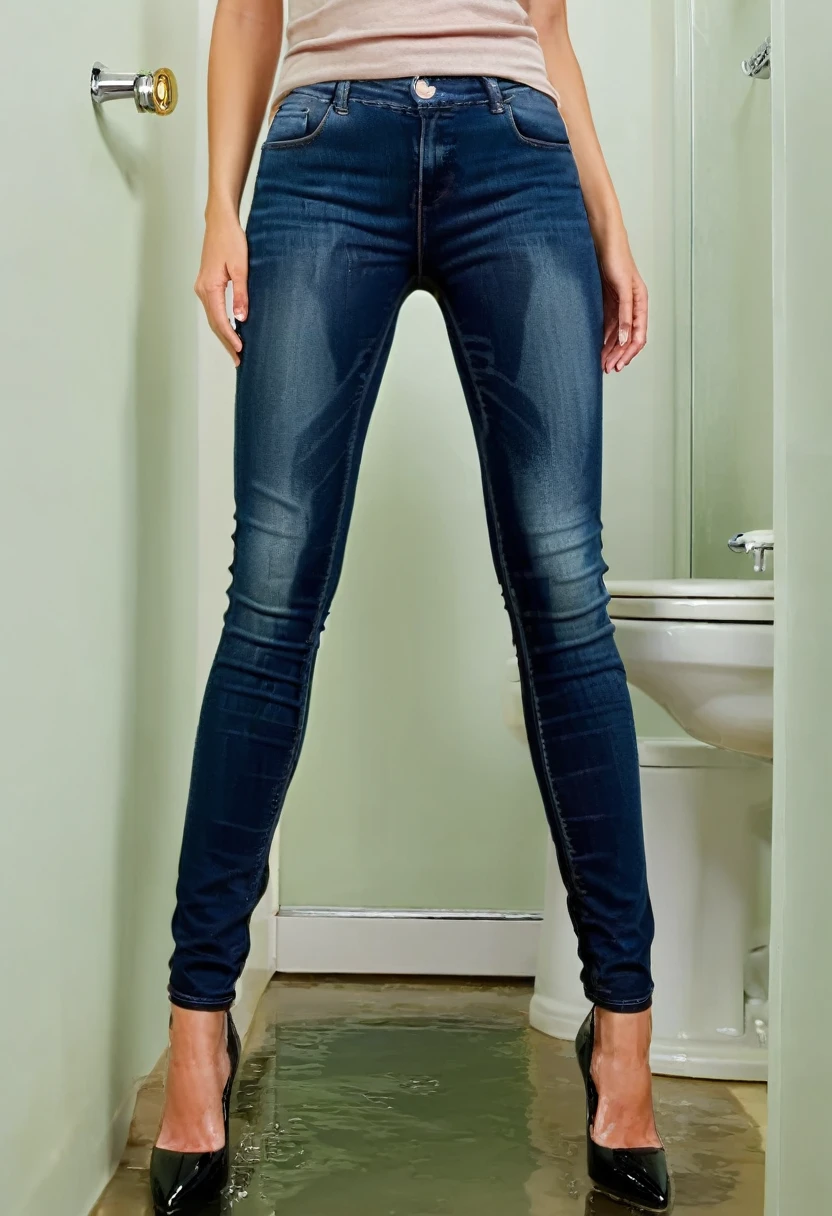 londe woman, green eyes, inviting smile, skinny jeans, high heel pumps, tank top, peeing jeans, pee runs down legs into shoes, pee puddles around shoes, pee stains are gleaming wet, shoes are soaking wet, standing in a bathroom