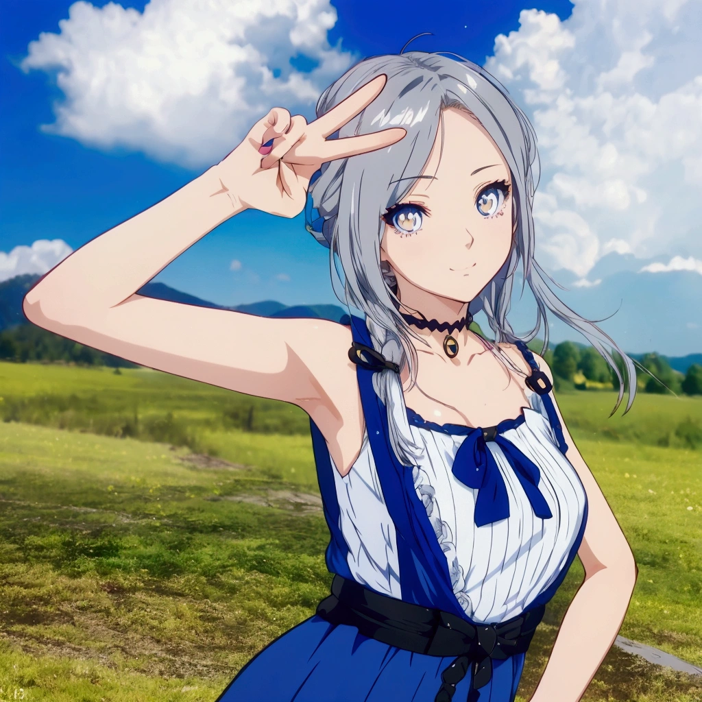 Golden Eyes、An anime girl with grey hair and a blue dress making a peace sign in a field, Realistic Anime 3D Style, Realistic young anime girl, Cute 3D anime girl render, Anime Style3D, , April Rendering, Photorealistic Animation girl render, Realistic anime art style, Smooth anime CG art, Anime Style, Live2D Virtual Youtuber Model, Photorealistic Animation