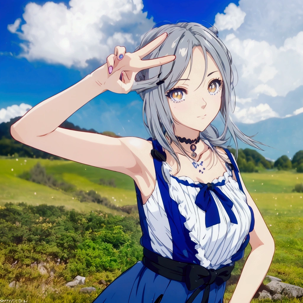 Golden Eyes、An anime girl with grey hair and a blue dress making a peace sign in a field, Realistic Anime 3D Style, Realistic young anime girl, Cute 3D anime girl render, Anime Style3D, , April Rendering, Photorealistic Animation girl render, Realistic anime art style, Smooth anime CG art, Anime Style, Live2D Virtual Youtuber Model, Photorealistic Animation