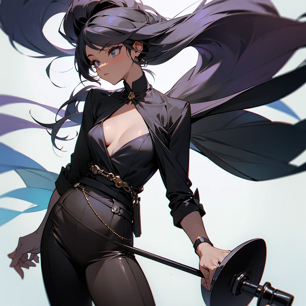 A sexy women dark knight with a grim reaper-inspired sexy outfit, long flowing black hair, and piercing blue eyes