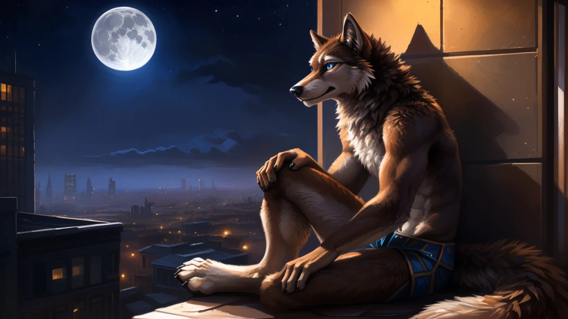 ((Solo)), male people, anthro wolf, (Multi-colored fur, White-brown:1.3), ((Wolf face, Big eyes, White eyelids, Blue pupil, Slim:1.2) (Tough, Calm expression:1.2)), (Height 2.1 meters,Tail length 1.5m), Abs, Slim, pinging, (Correct anatomy), (Contour bone:1.2), The upper body is naked, (detailed outfits), a long large tail，Feet，(Realistic fur, Detailed fur texture, labeled:1.3)), (Natural lighting), Photorealistic, Hyperrealistic, ultradetailed, by Kenket，In the modern city，Roof，the night，Sit alone，Look at the full moon，It was dark，Starry
