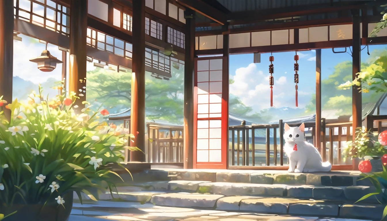 (8k、RAW Photos、Highest quality、look up:1.2、masterpiece:1.2、Genuineistic、Ultra-high resolution、High Contrast、Photon Mapping、Genuine、Very detailed、Official Art, RAW Photos、professional Lighting、 Light、Vivid atmosphere、twiceLight) This scene、A picture of an old wooden rural station bathed in the spring morning sunshine.。The station building seems to have been forgotten., I feel nostalgic.、There is silence and calm。 On the station platform、girlと白い子猫がいます。The white kitten is sitting under the door with the clock、Watching over the station。This scene、Reminiscent of a rural Japanese town、The atmosphere is quiet, As if you were near a Japanese shrine.。 girl'Young look.々work、delicate、Set off on a new journey amid nostalgic station buildings and scenery.。A white kitten watches over the station like a stationmaster..、どうやらgirlを祝っているようだ'Embarking on a new stage.。 This scene、A fusion of the beautiful scenery and tranquil atmosphere of the Japanese countryside..、Make your audience feel comfortable and warm.