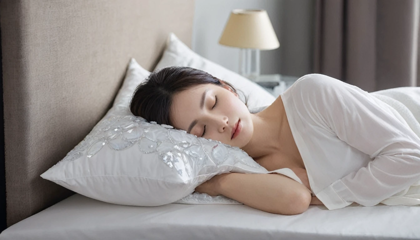 A beautiful woman sleeps comfortably with the sound of crystal